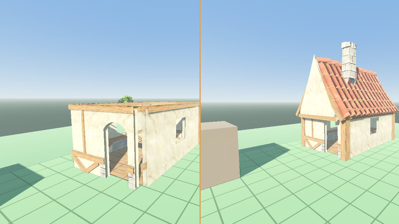 Kit-house assembly poster — CORNER-post ghost beside the finished dressed house