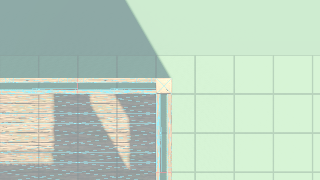 True-wireframe close-up — NE CORNER post flush with both walls