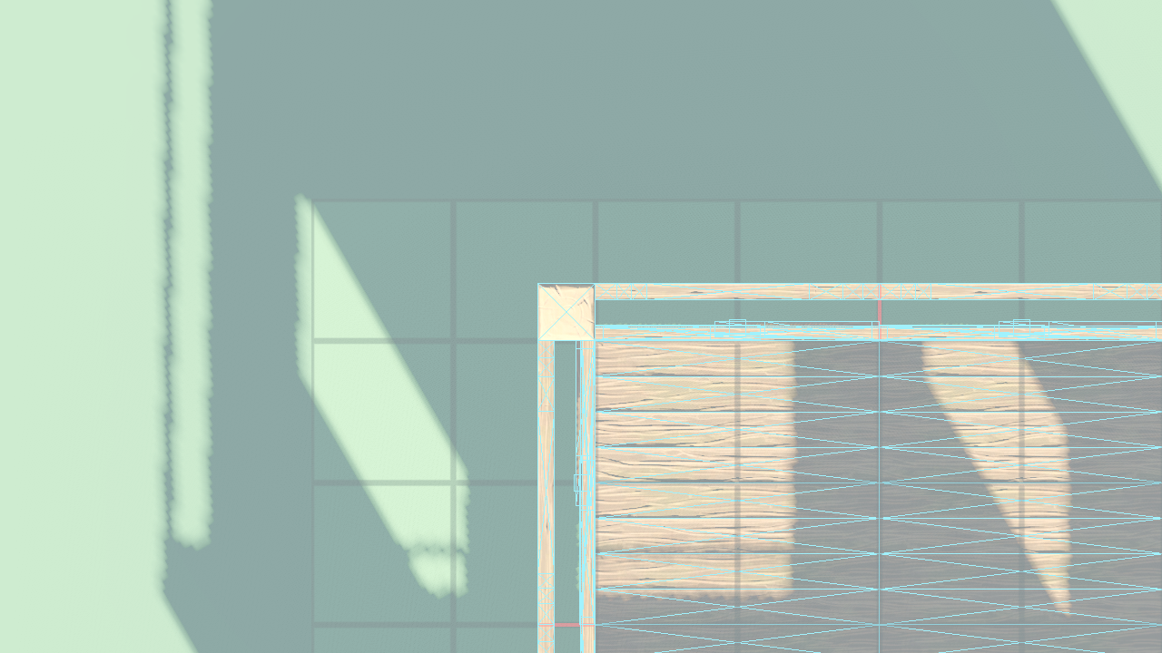 True-wireframe close-up — NW CORNER post flush with both walls
