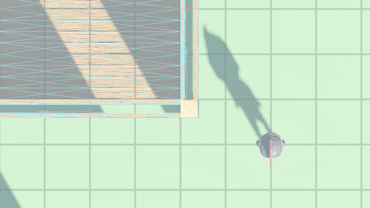 True-wireframe close-up — SE CORNER post flush with both walls
