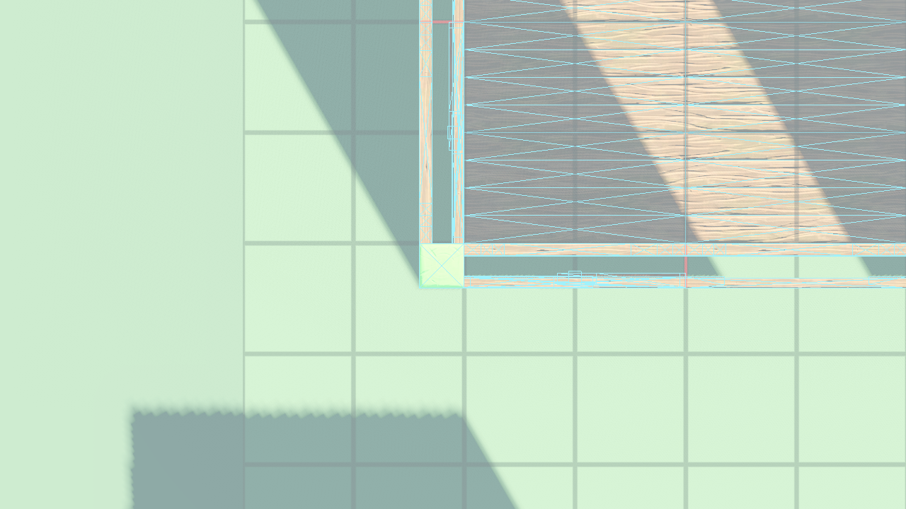 True-wireframe close-up — SW CORNER post flush with both walls