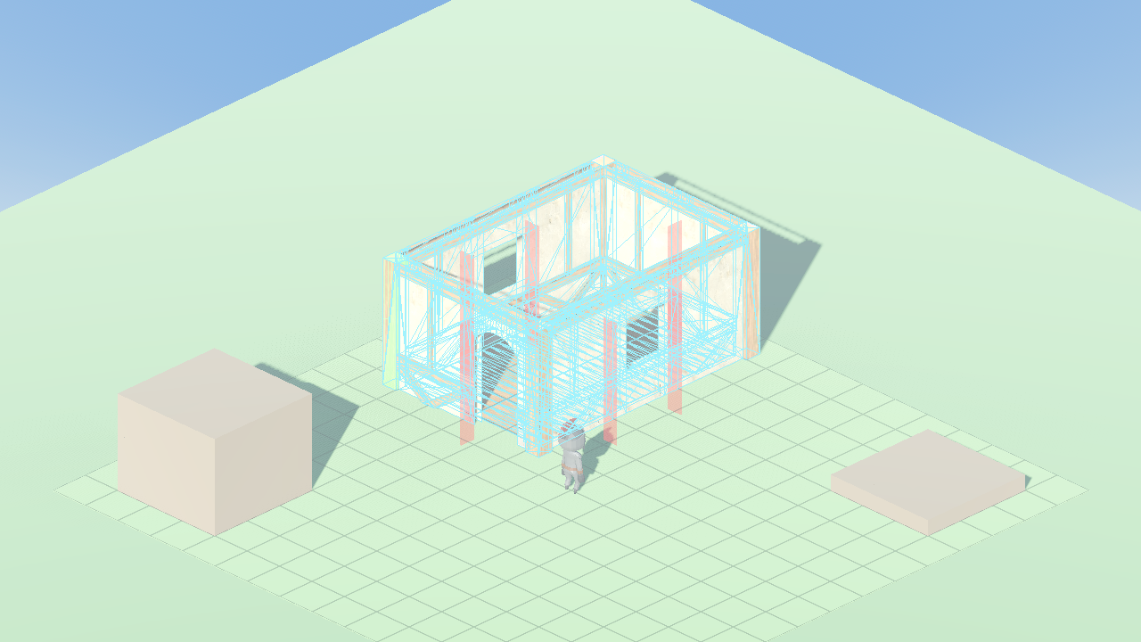 True-wireframe proof — live mesh triangle edges over the committed 20-piece house