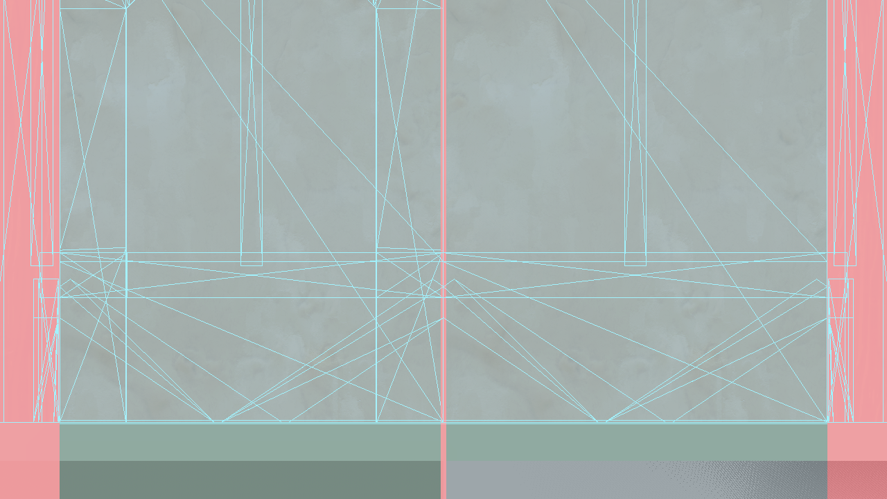True-wireframe close-up — N wall-wall joint closing on its grid line