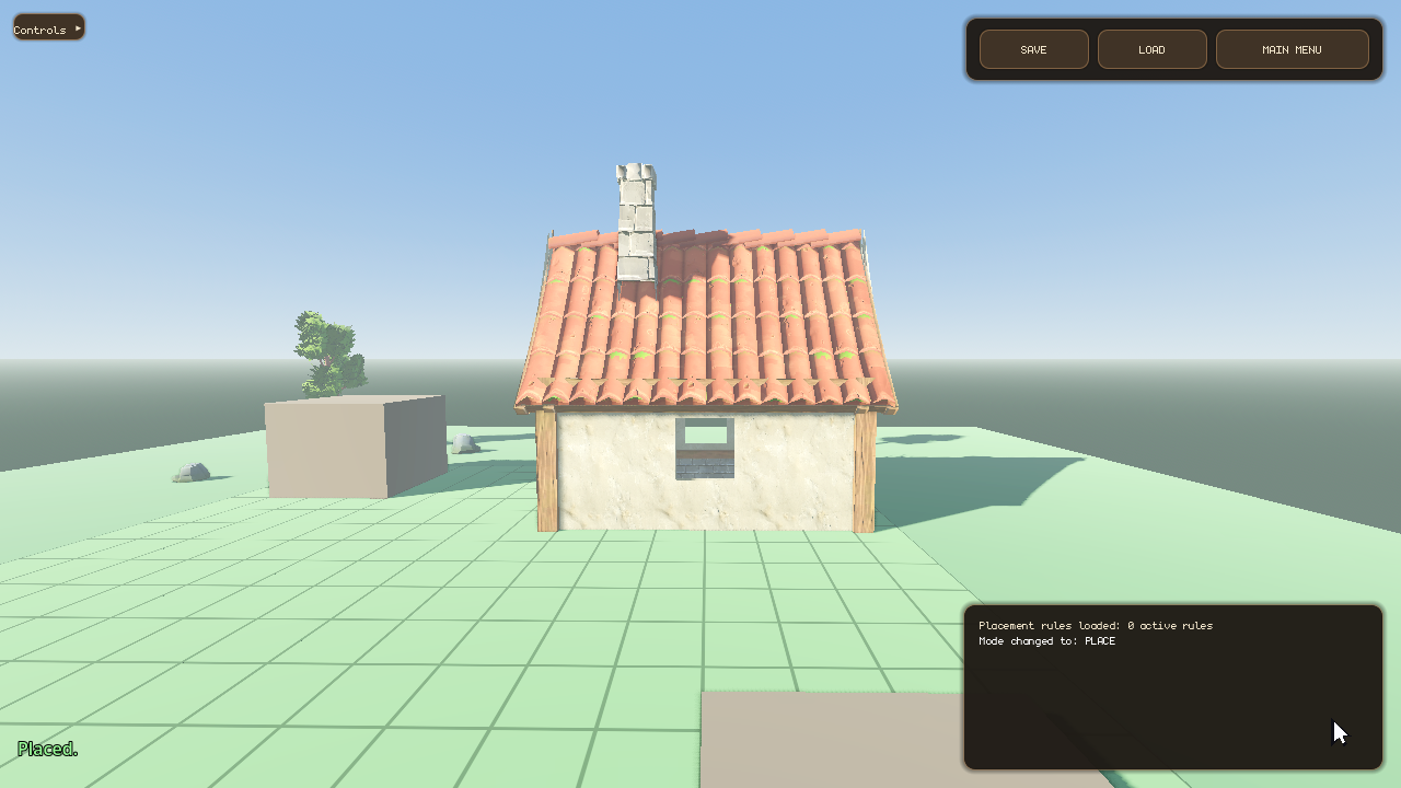 Screenshot — finished modular house with placement UI